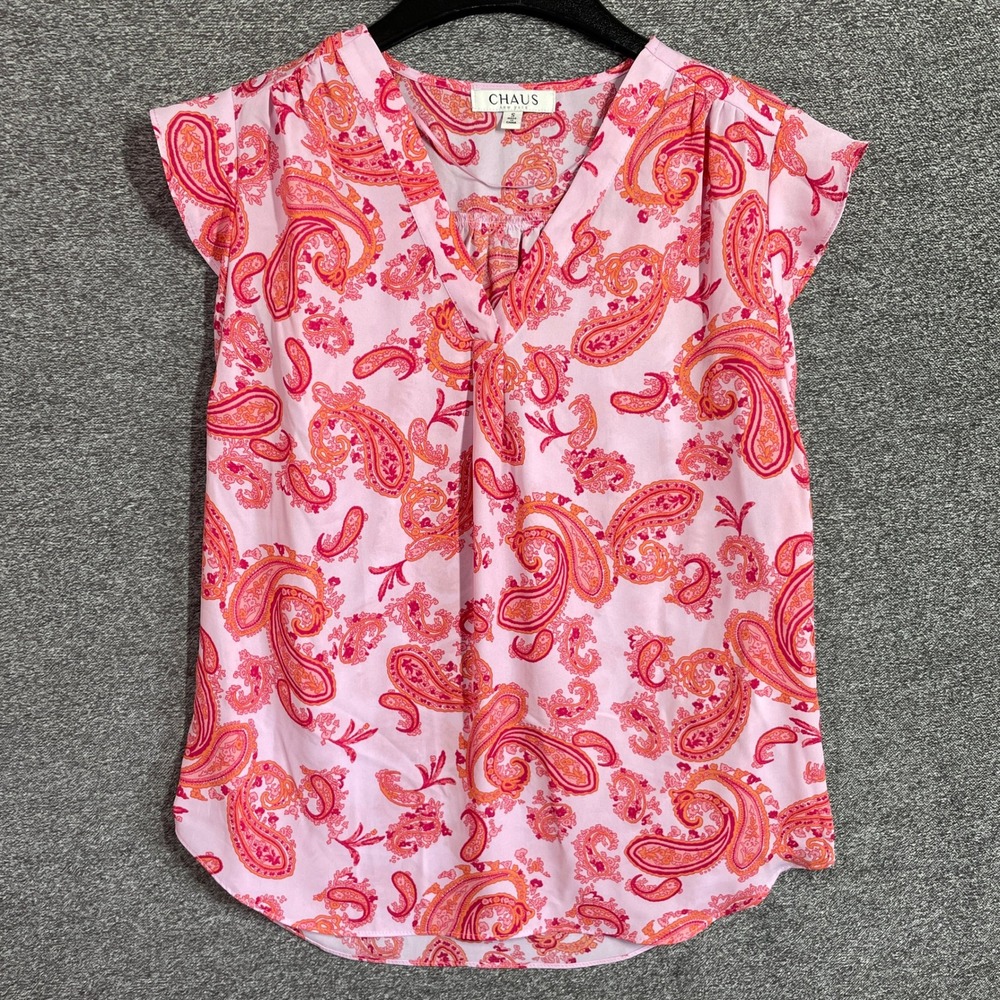 Chaus New York Pink Orange Paisley Cap Sleeve V-Neck Blouse Small